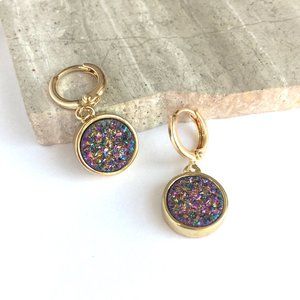 Purple Druzy Gold Huggie Earrings